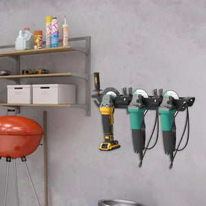 Wall-mounted angle grinder storage rack by Hot Trend Vault, designed for home workshop organization.