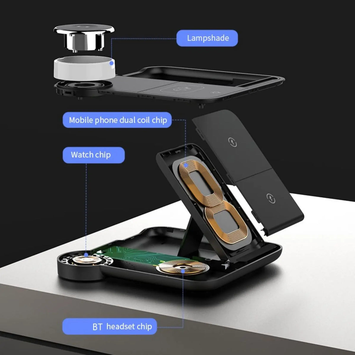 Foldable 3-in-1 wireless charging station by Hot Trend Vault with night light for iPhone 15, 14, 13, supporting 15W fast charging.