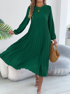 Elegant Dress Woman 2025 Retro Solid Color Round Neck Long Sleeve Pleated Dress without Belt 2025 Autumn Winter Women Clothing