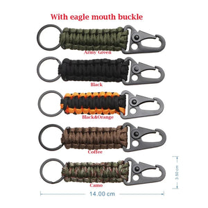 Outdoor self-defense umbrella rope kit with steel ball and paracord key chain, featuring a monkey fist for added grip and safety.