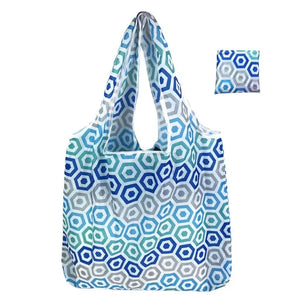 Reusable shopping bag for women by Hot Trend Vault, large eco foldable tote with carrying case, shown folded and open for shopping.