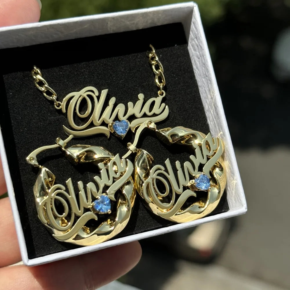 DUOYING Custom Birthstone Jewelry Set Persoanlized Nameplate Pendant Necklace 30mm Hoop Earrings Gold For Women Jewelry Gift