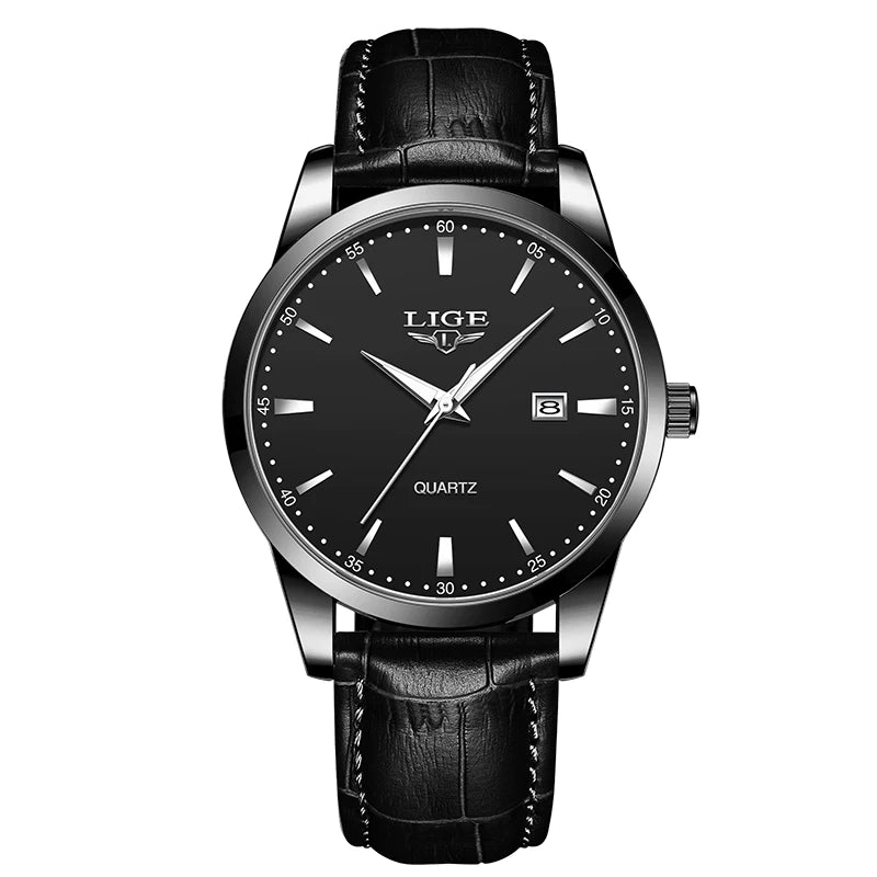 LIGE men's leather chronograph watch with waterproof and military-style design, shown in close-up on a white background.