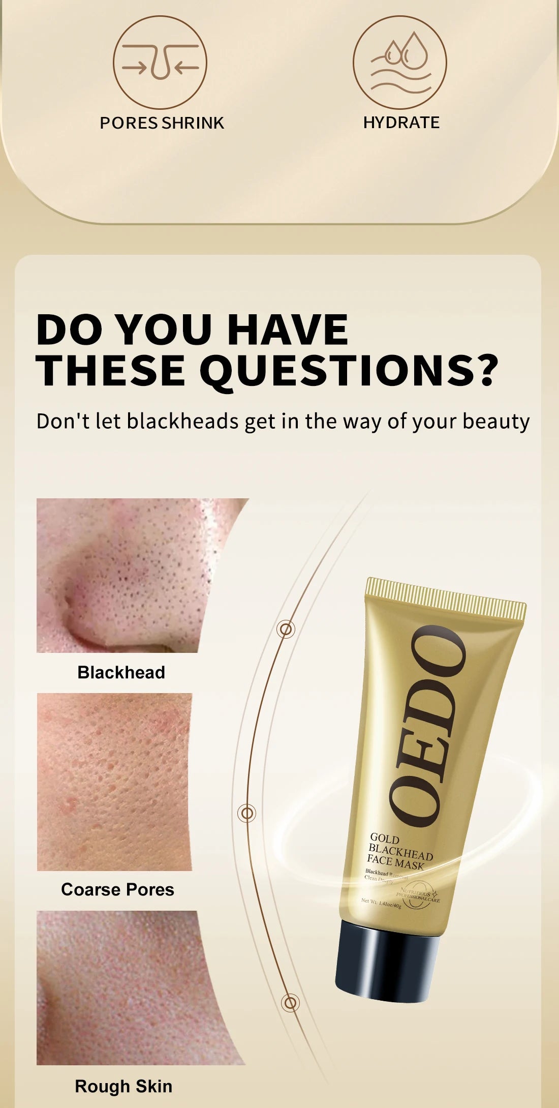 OEDO Blackhead Removal Mask by Hot Trend Vault, with pore tightening, whitening, moisturizing, and oil control features for all skin types.