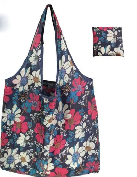 Large eco-friendly foldable tote bag for women by Hot Trend Vault, shown with case for reusable shopping and storage.