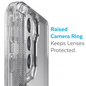 Transparent Hot Trend Vault Galaxy S21 Series shockproof case with two tempered glass screen protectors, showcasing the protective design.