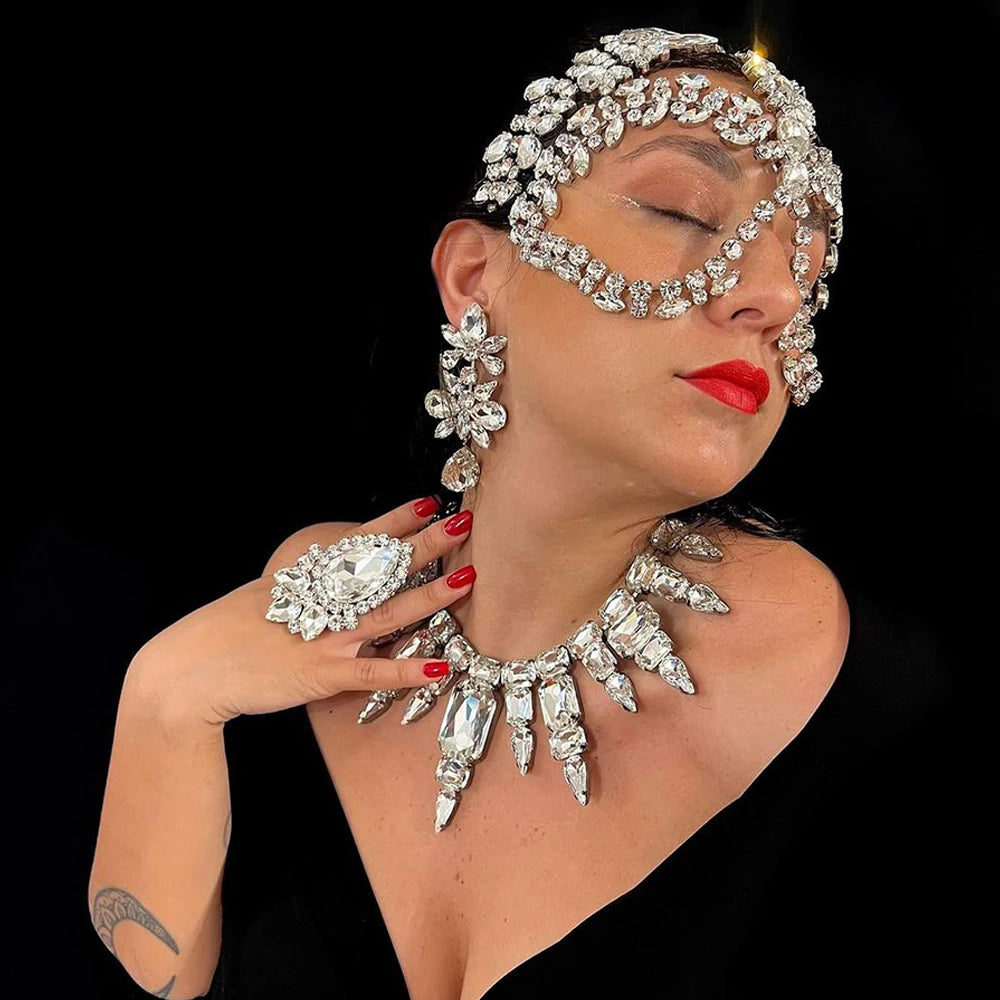 Stonefans Exaggerate Rhinestone Mask Masquerade for Women Halloween Sexys Crystal Face Chain Accessories Festival Jewelry Gift