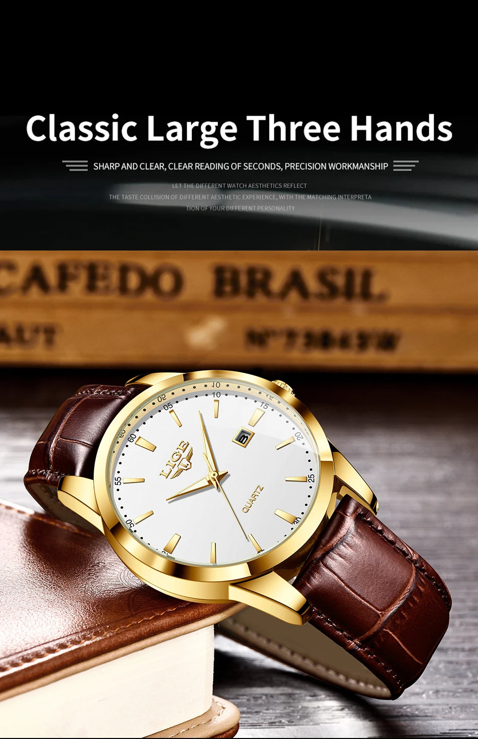 LIGE men's leather chronograph watch with waterproof and military-style design, featuring a black dial and leather strap.