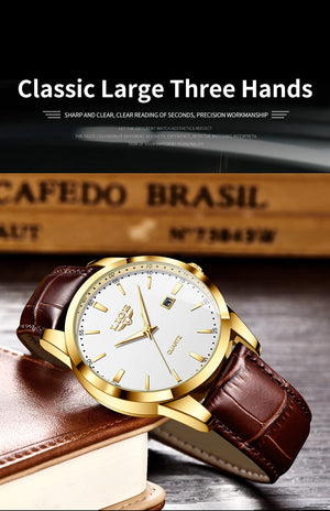 LIGE men's leather chronograph watch with waterproof and military-style design, featuring a black dial and leather strap.