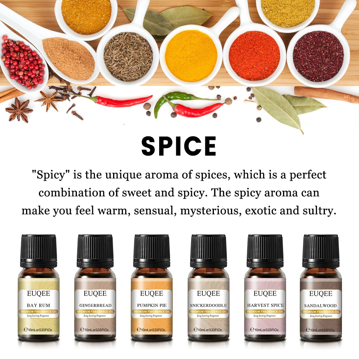 Six 10ml bottles of EUQEE fragrance oils for men and women by Hot Trend Vault, displayed in a sleek, colorful packaging.