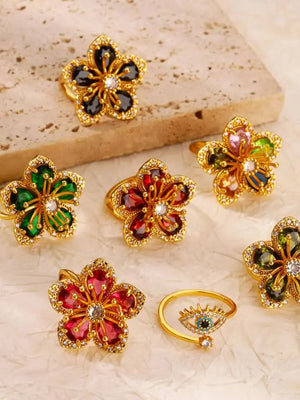 Elegant green zircon flower ring for women, 18K gold-plated stainless steel jewelry, perfect for weddings or gifting.