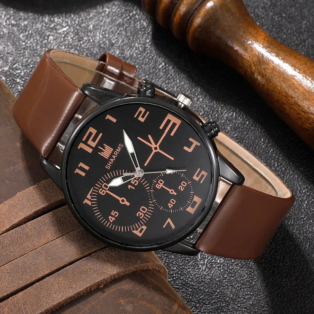 Shaarms men's sports watch set with five retro big dial quartz watches featuring brown leather straps, stylish accessories.