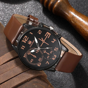 Shaarms men's sports watch set with five retro big dial quartz watches featuring brown leather straps, stylish accessories.
