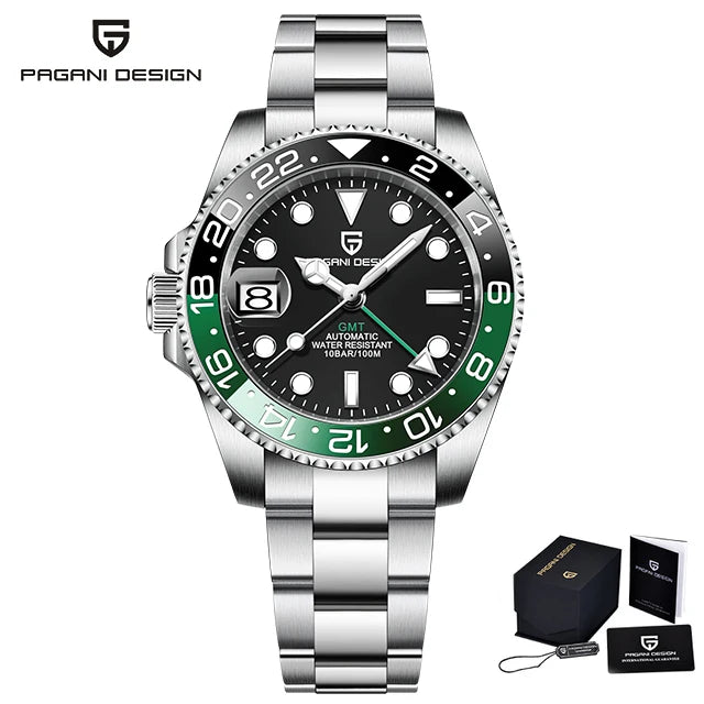 Luxury PAGANI DESIGN GMT men's watch with sapphire crystal, automatic movement, 40mm case, in a stylish design
