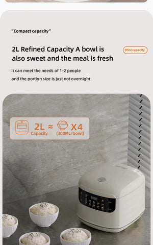 Hot Trend Vault Kbxstart Smart Rice Cooker 2L with timer, 400W, ideal for 1 to 2 people, shown on a kitchen countertop.