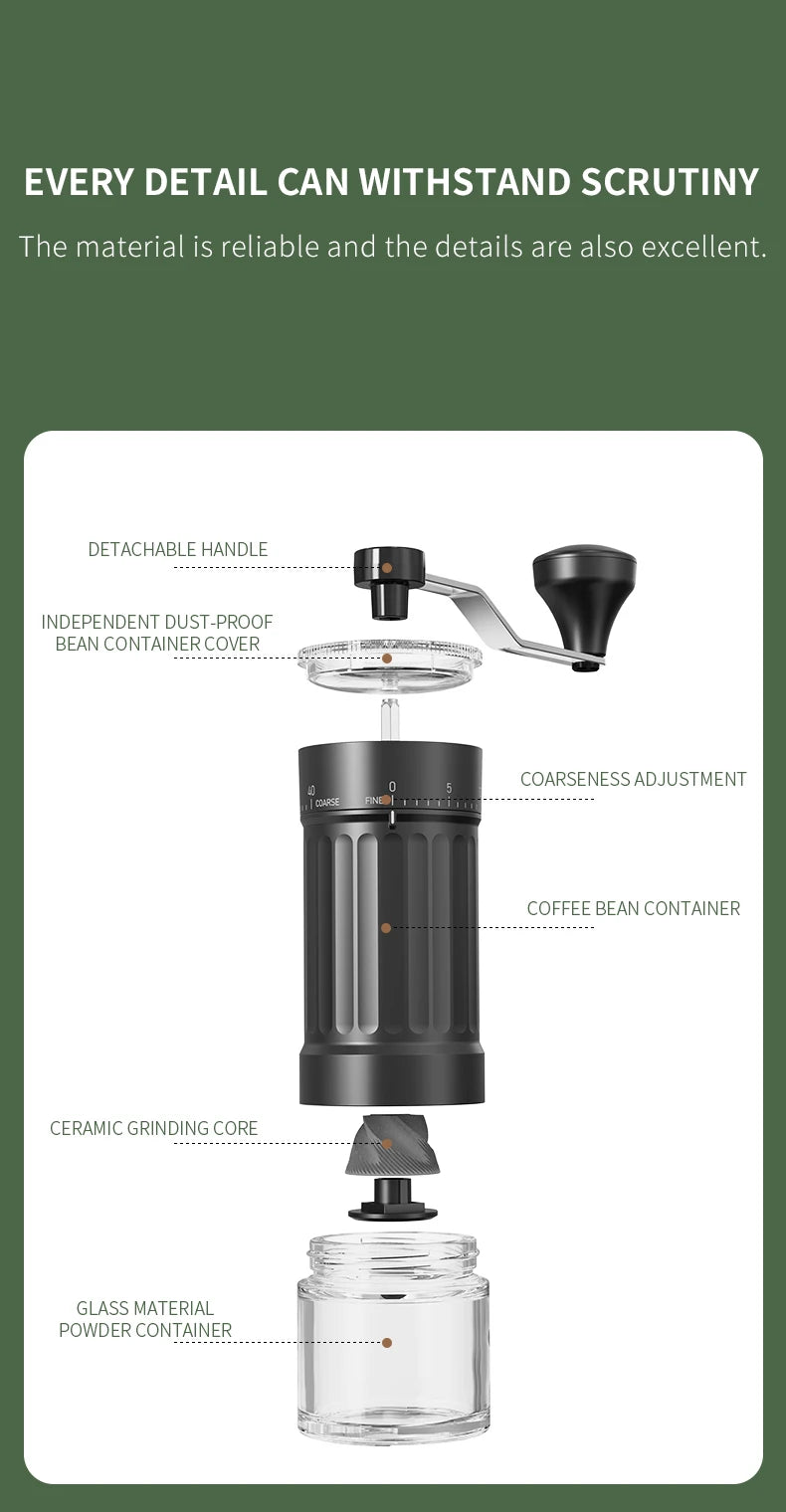 Hot Trend Vault DCNB Mini Manual Coffee Grinder with conical burrs, adjustable settings, compact design, and 30g capacity.