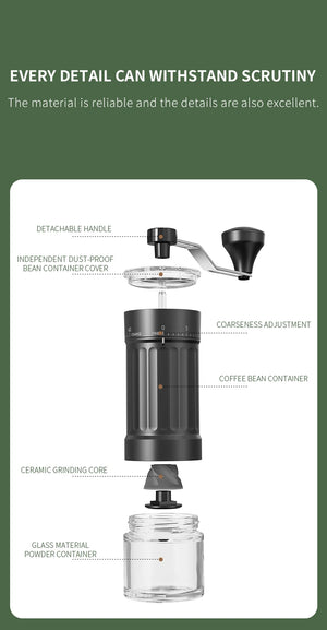 Hot Trend Vault DCNB Mini Manual Coffee Grinder with conical burrs, adjustable settings, compact design, and 30g capacity.