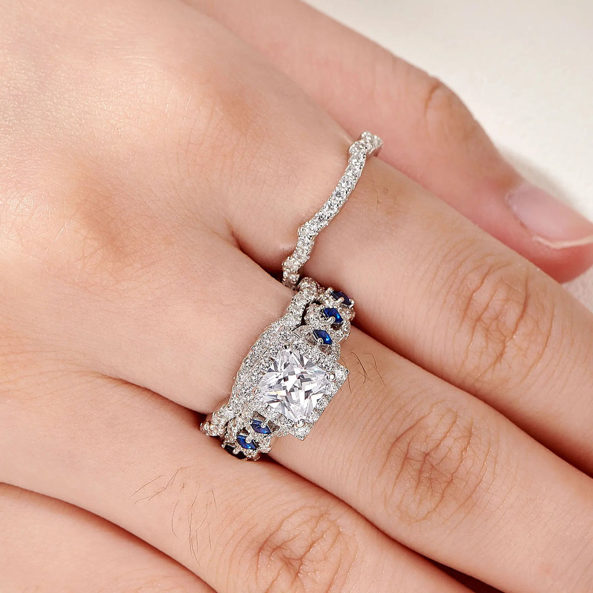 Newshe 3 Pcs Wedding Rings Set for Women 925 Silver 2.6Ct Princess Cut White Blue AAAAA CZ Luxury Bridal Engagement Jewelry