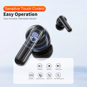 QERE E50 wireless Bluetooth headphones with touch display, 13mm drivers, four mics, ENC noise cancellation, and 28-hour battery life.