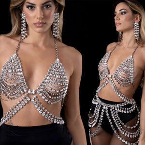 Stonefans Exaggerated Layered Body Chain Set Lingerie Jewelry Bra Top Dress Thong Rave Fashion Chest Chain and Thong Set Bikini