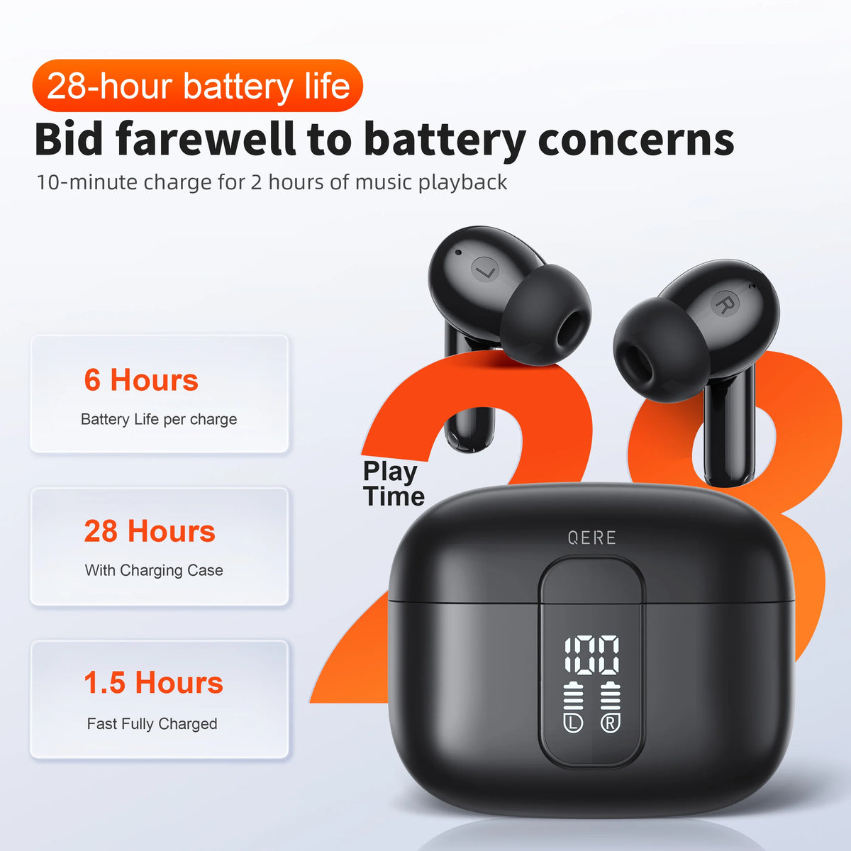 Wireless Headphones,QERE E50,NEW TWS Bluetooth 5.3,HD Microphone,HIFI Earphones,13mm Driver,Display screen+touch,4 Mics+ENC Call