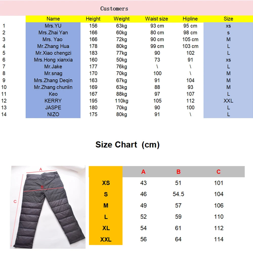 Lightweight down winter hiking pants for men and women by Hot Trend Vault, designed for warmth and outdoor comfort