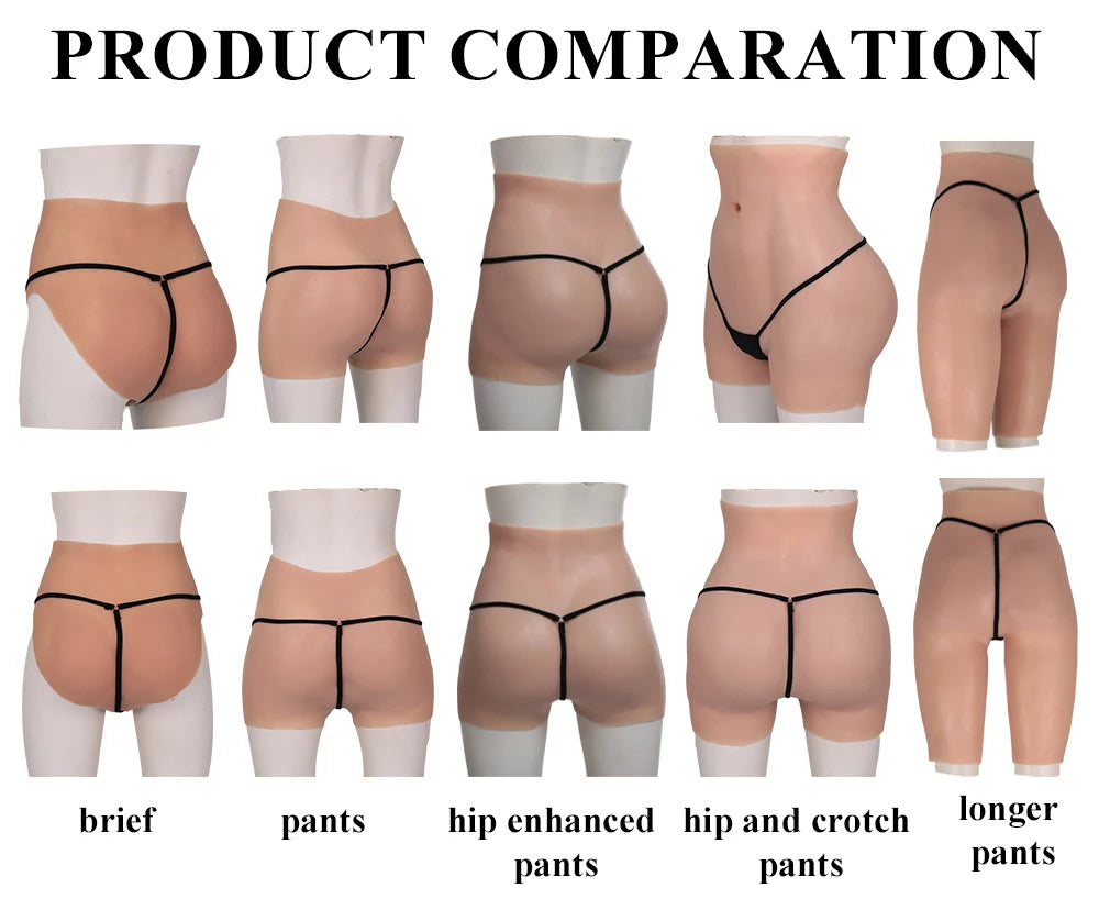Hot Trend Vault drag queen silicone hip enhancer panties showing a crossdresser's buttock lift and cosplay costume under bright lighting.