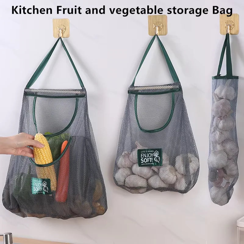 Reusable mesh storage bag by Hot Trend Vault, hanging net for onions, garlic, and potatoes in kitchen organization.