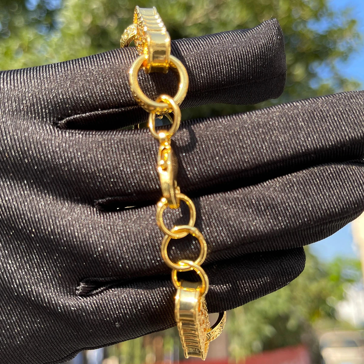 Gold plated bubble letter men's bracelet with iced out design, stylish jewelry piece from Hot Trend Vault.