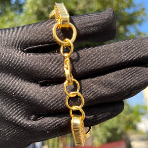 Gold plated bubble letter men's bracelet with iced out design, stylish jewelry piece from Hot Trend Vault.