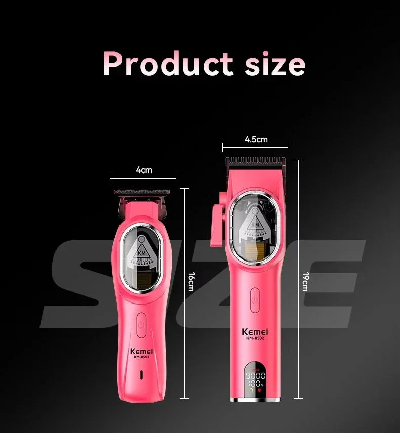 Kemei KM-8502 cordless hair clipper kit with adjustable blades and attachments for home grooming, featuring ergonomic design.