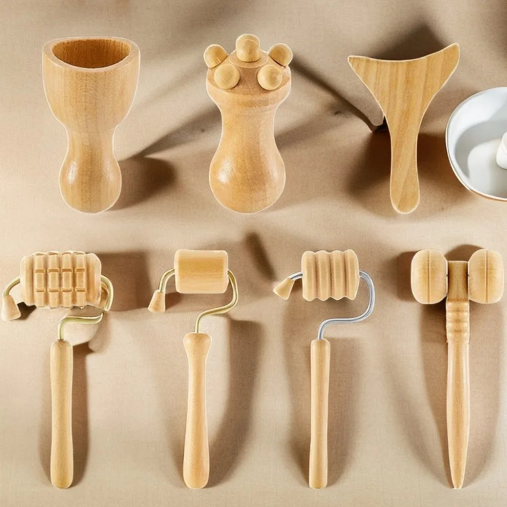 6/7/8Pcs/Set Wooden Facial Massage Tools Roller Scraping Board Face Massager Kit Durable Anti-Aging Facial Care Kit