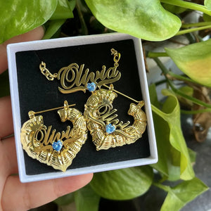 DUOYING Custom Birthstone Jewelry Set Persoanlized Nameplate Pendant Necklace 30mm Hoop Earrings Gold For Women Jewelry Gift