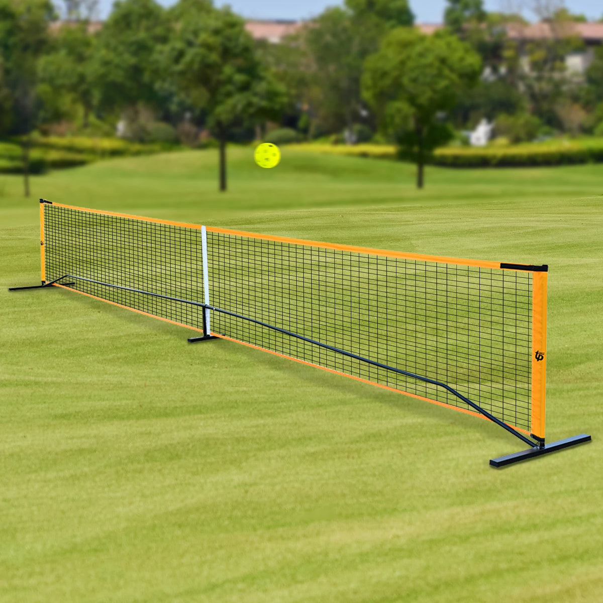 Hot Trend Vault portable pickleball net set with four paddles, balls, and carry bag for backyard family fun.