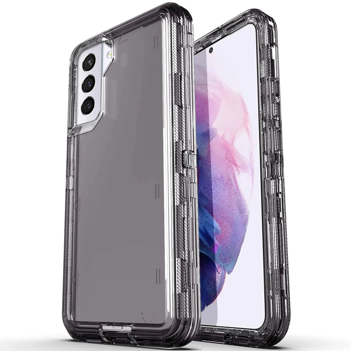 Hot Trend Vault Galaxy S21 Series transparent shockproof case with two tempered glass screen protectors on a black background.