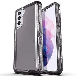 Hot Trend Vault Galaxy S21 Series transparent shockproof case with two tempered glass screen protectors on a black background.