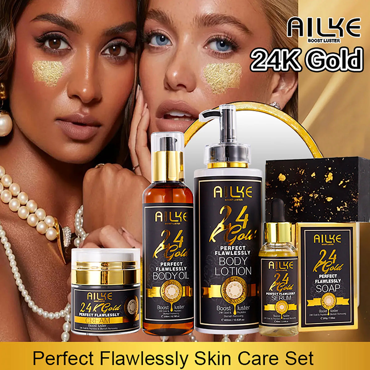 Close-up of AILKE 24K Gold Collagen Whitening cream jar by Hot Trend Vault, featuring gold accents and elegant packaging.