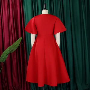 Elegant Dresses for Women V Neck Flare Sleeve High Waisted Pleated A Line Mid Calf Luxury Birthday Party Dinner Vestidos Mujer