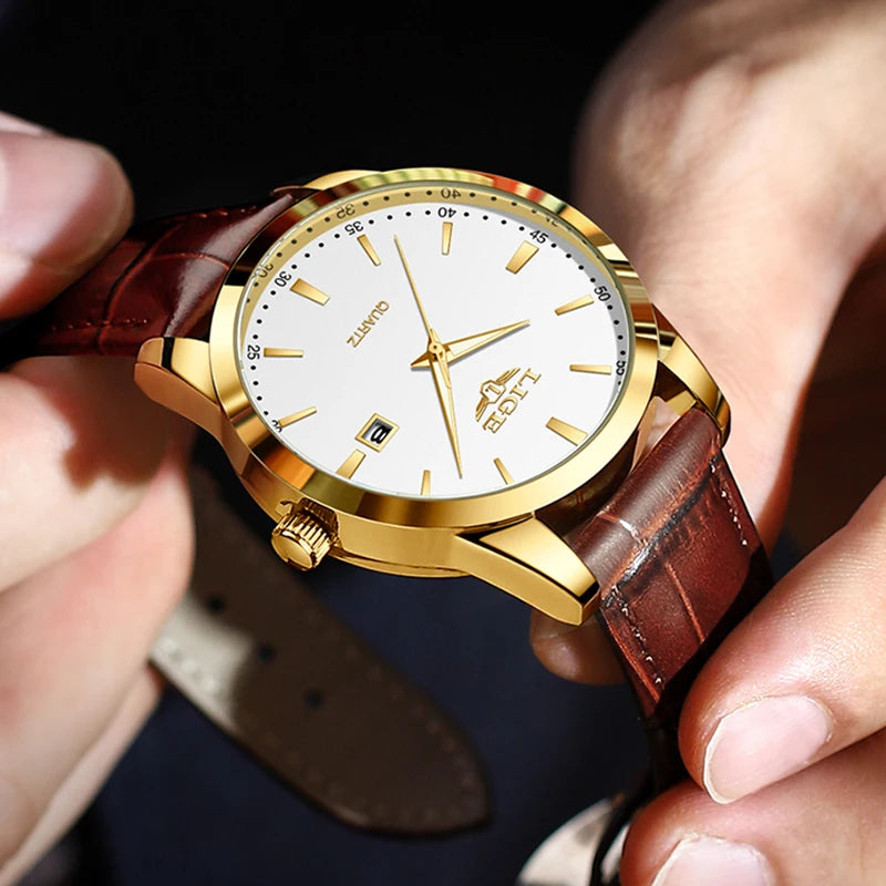 Men's LIGE leather chronograph watch with waterproof military design, featuring a black dial and stainless steel strap.