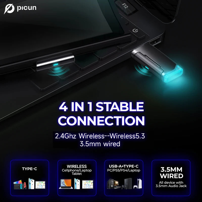 Picun G2 Wireless Gaming Headset Bluetooth 5.3 2.4G Headphones 7.1 Surround 5ms Low Latency ENC Mic for PC PS4 PS5 Phone Switch