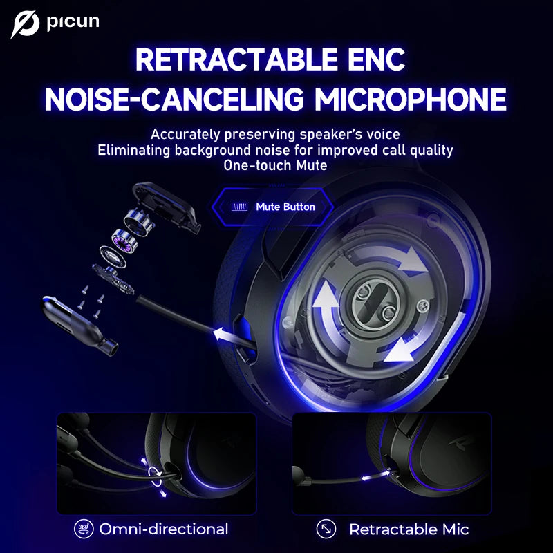 Picun G2 Wireless Gaming Headset Bluetooth 5.3 2.4G Headphones 7.1 Surround 5ms Low Latency ENC Mic for PC PS4 PS5 Phone Switch