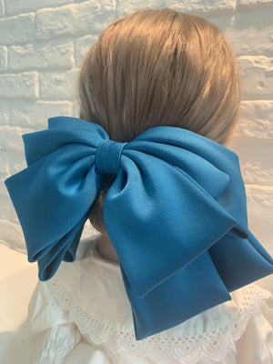 Large satin bow hairpin for women, retro style ponytail accessory by Hot Trend Vault, elegant satin hair clip for various hairstyles.