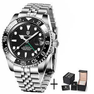 Luxury PAGANI DESIGN GMT men's watch with sapphire crystal, automatic movement, 40mm case, in a sleek black design.