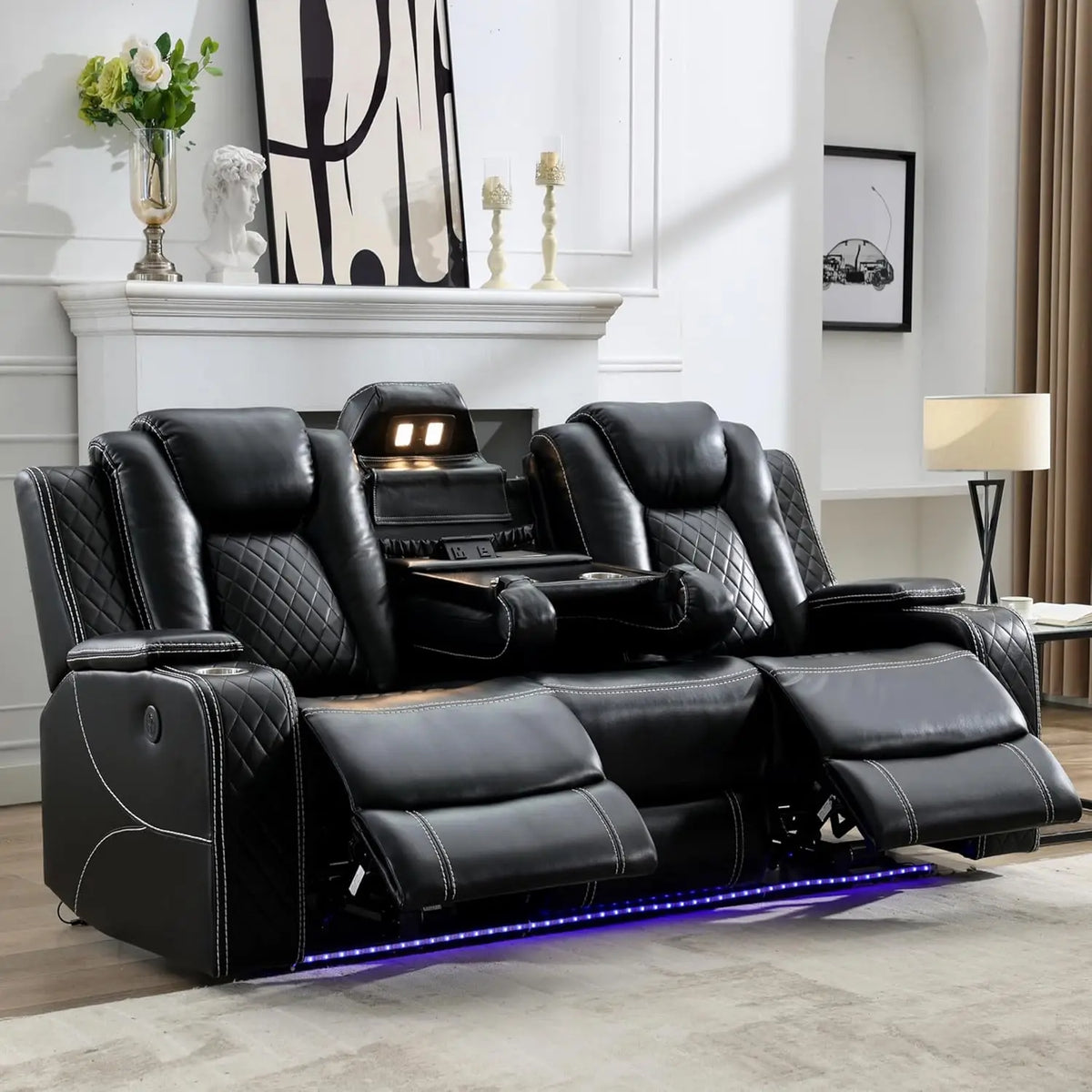 Hot Trend Vault Todrani premium 0 gravity power reclining sofa with wireless charger, USB Type-C, and LED floor lights for living rooms.