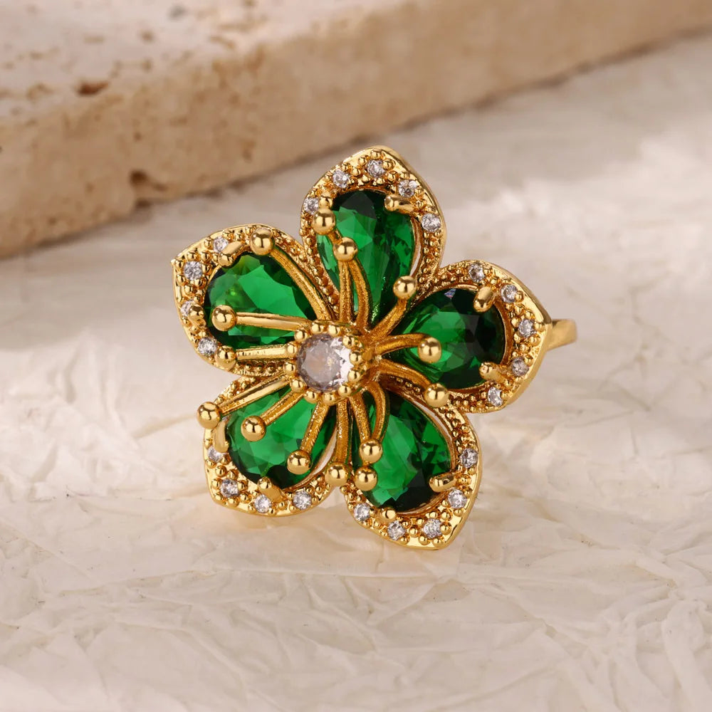 Green Zircon Flower Rings For Women Gold Color Stainless Steel Flower Floral Ring Elegant Luxury Wedding Aesthetic Jewelry Gift