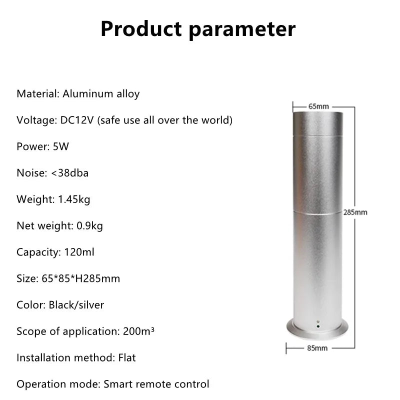 LuxPerfume column aroma diffuser with 120ml capacity, smart touch control, premium metal finish for home, office, and hotel use