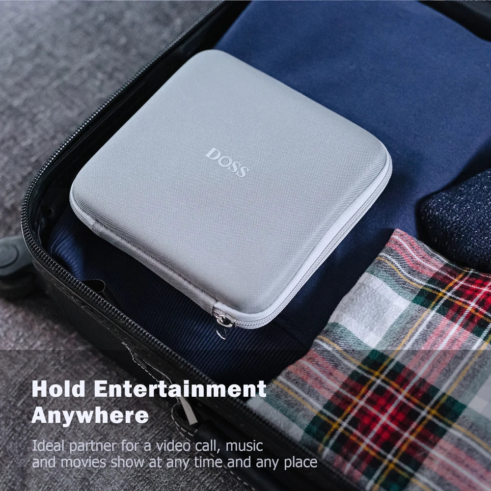 Hot Trend Vault DOSS wireless Bluetooth speaker with 15W charger, adjustable phone stand, and 8-hour playtime on a desk.