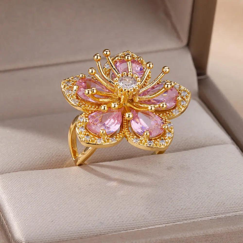 Green Zircon Flower Rings For Women Gold Color Stainless Steel Flower Floral Ring Elegant Luxury Wedding Aesthetic Jewelry Gift