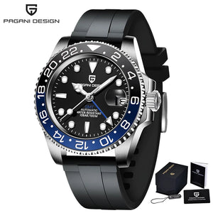 Luxury PAGANI DESIGN GMT men's watch with sapphire crystal, automatic movement, 40mm case, displayed on a leather strap.