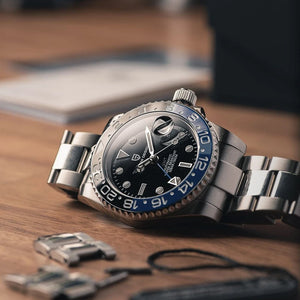 Luxury PAGANI DESIGN GMT men's watch with sapphire crystal, automatic movement, 40mm case, featuring a sleek black dial.